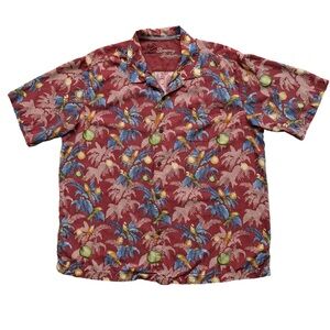 Tommy Bahama Shirt Mens Size XL Hawaiian Silk Season's Greetings Christmas Red